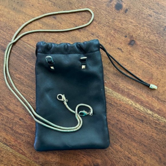 BANDOLIER Drawstring Pouch  & Strap - Top Grain Leather Black/Gold with Strap - Picture 2 of 9